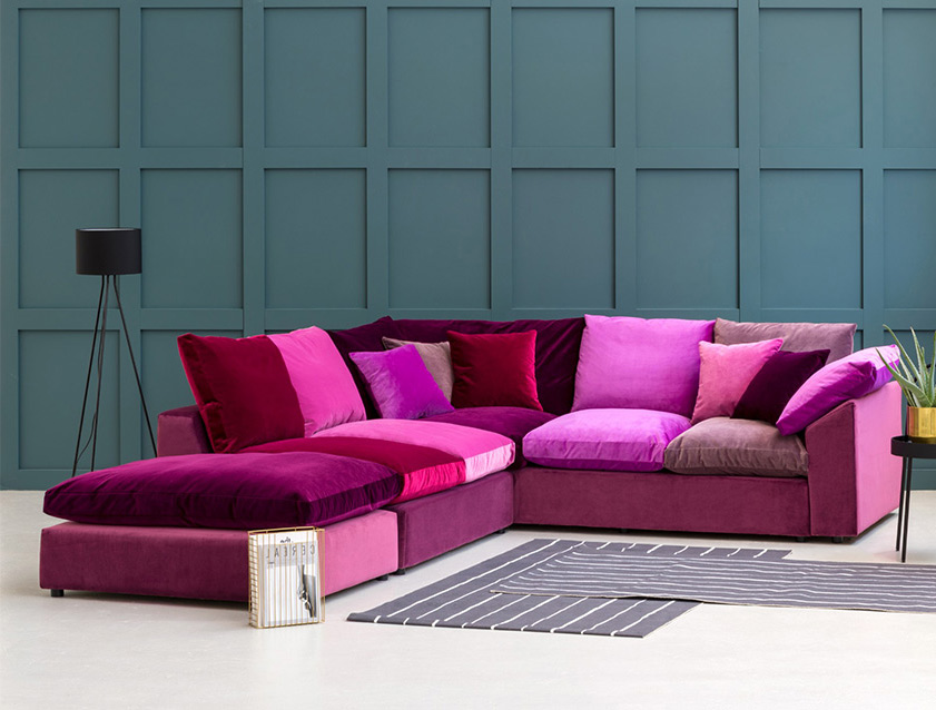 Big Softie Sloped Arm Large Corner Group RHF in Linwood Omega Velvet Shades of Cerise